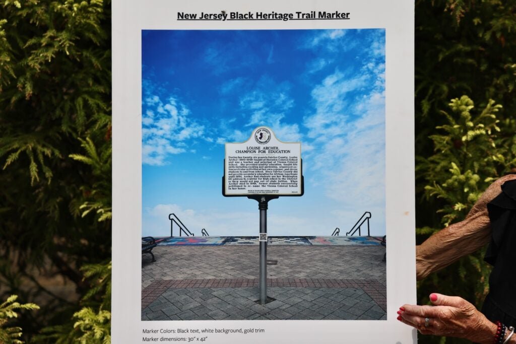 a picture of a trail marker has the title LOUISE ARCHER: CHAMPION FOR EDUCATION